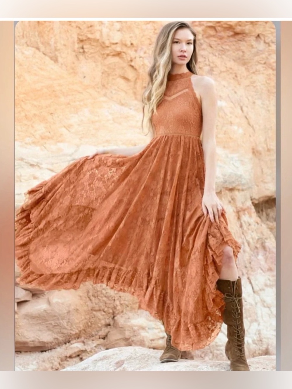 Joyfolie Mia Joy Emmaline Dress in Clay Bohemian Romantic Lace Boho Hippie Vibes